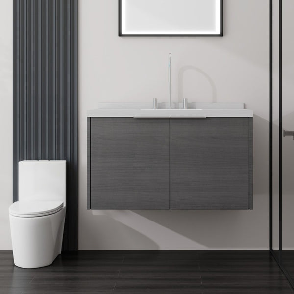 English Elm 36 Inch Wall Mounted Bathroom Vanity with Integrated Sink and Marble Cultured Countertop Grey Carrara White B2775S00146