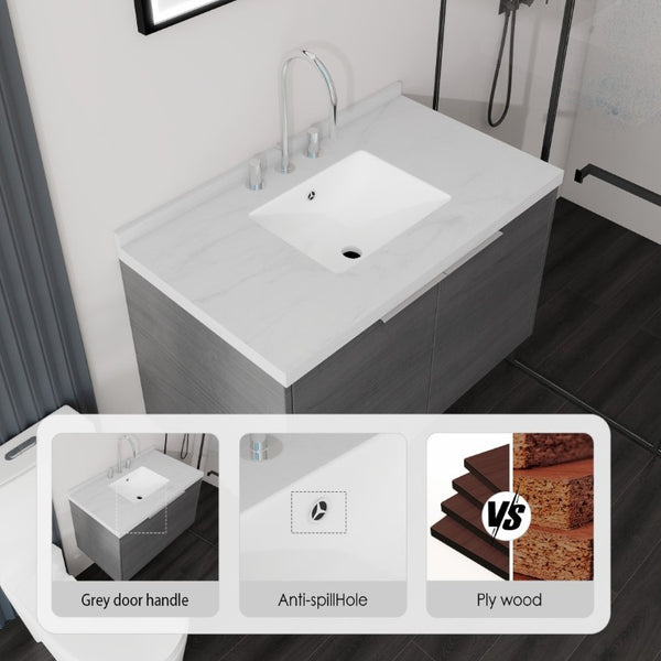 English Elm 36 Inch Wall Mounted Bathroom Vanity with Integrated Sink and Marble Cultured Countertop Grey Carrara White B2775S00146
