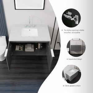 English Elm 36 Inch Wall Mounted Bathroom Vanity with Integrated Sink and Marble Cultured Countertop Grey Carrara White B2775S00146