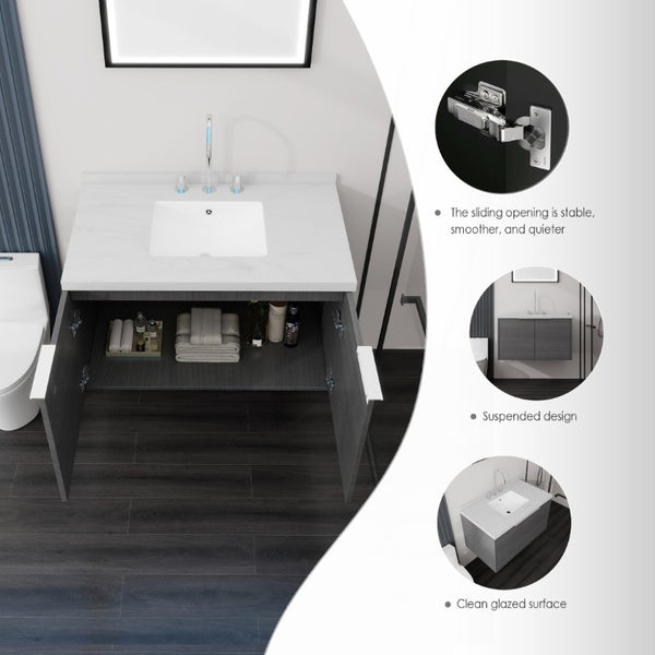 English Elm 36 Inch Wall Mounted Bathroom Vanity with Integrated Sink and Marble Cultured Countertop Grey Carrara White B2775S00146
