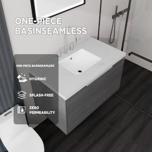 English Elm 36 Inch Wall Mounted Bathroom Vanity with Integrated Sink and Marble Cultured Countertop Grey Carrara White B2775S00146