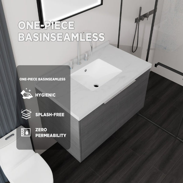 English Elm 36 Inch Wall Mounted Bathroom Vanity with Integrated Sink and Marble Cultured Countertop Grey Carrara White B2775S00146