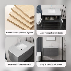 English Elm 36 Inch Wall Mounted Bathroom Vanity with Integrated Sink and Marble Cultured Countertop Grey Carrara White B2775S00146
