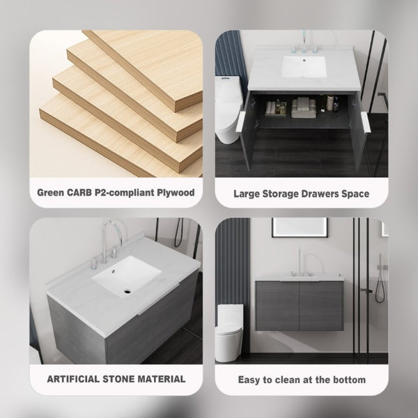 English Elm 36 Inch Wall Mounted Bathroom Vanity with Integrated Sink and Marble Cultured Countertop Grey Carrara White B2775S00146