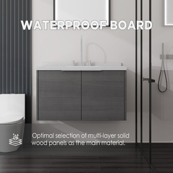 English Elm 36 Inch Wall Mounted Bathroom Vanity with Integrated Sink and Marble Cultured Countertop Grey Carrara White B2775S00146