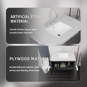 English Elm 36 Inch Wall Mounted Bathroom Vanity with Integrated Sink and Marble Cultured Countertop Grey Carrara White B2775S00146