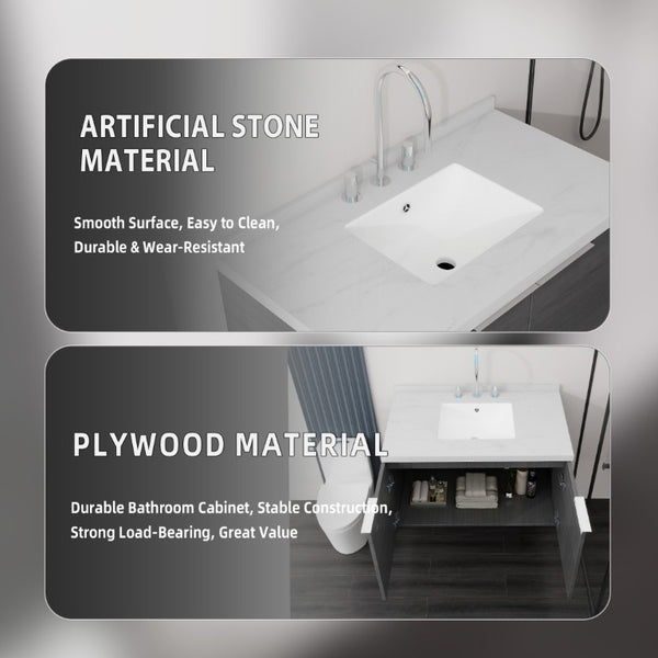 English Elm 36 Inch Wall Mounted Bathroom Vanity with Integrated Sink and Marble Cultured Countertop Grey Carrara White B2775S00146