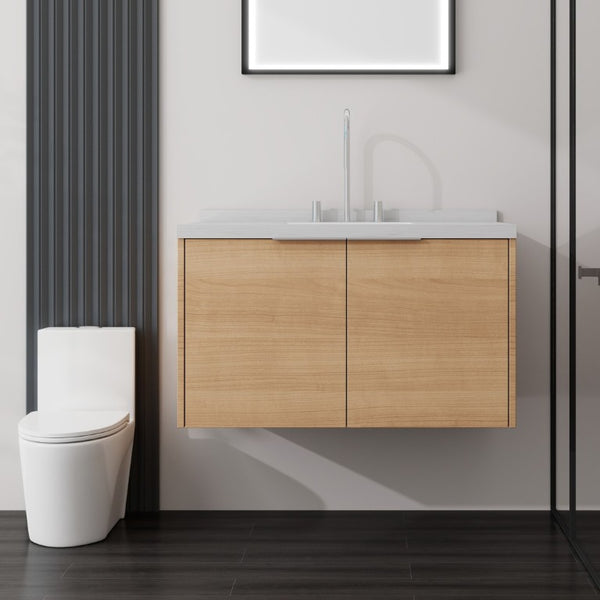 English Elm 36 Inch Wall Mounted Bathroom Vanity with Integrated Sink and Marble Cultured Countertop Oak Carrara White B2775S00147