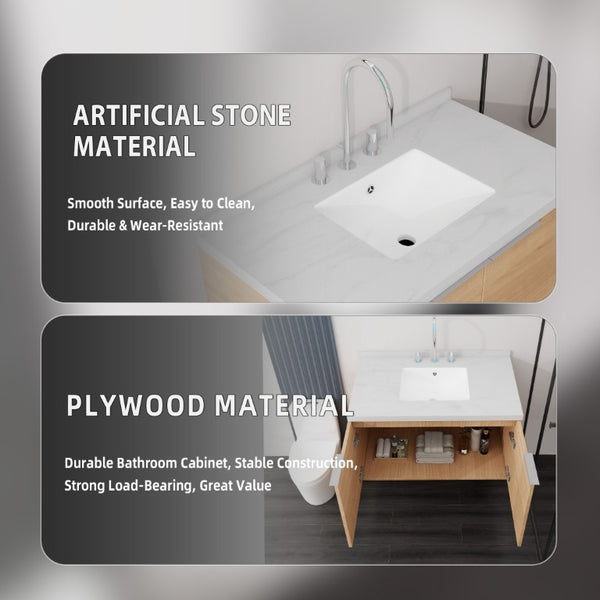 English Elm 36 Inch Wall Mounted Bathroom Vanity with Integrated Sink and Marble Cultured Countertop Oak Carrara White B2775S00147