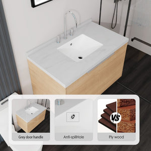 English Elm 36 Inch Wall Mounted Bathroom Vanity with Integrated Sink and Marble Cultured Countertop Oak Carrara White B2775S00147