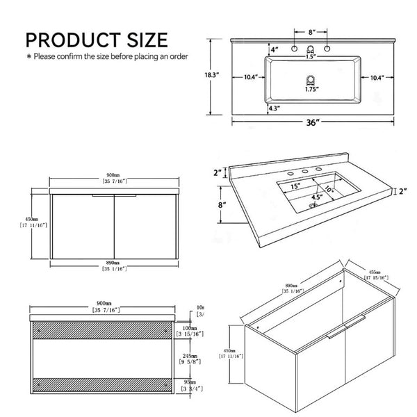 English Elm 36 Inch Wall Mounted Bathroom Vanity with Integrated Sink and Marble Cultured Countertop Oak Carrara White B2775S00147