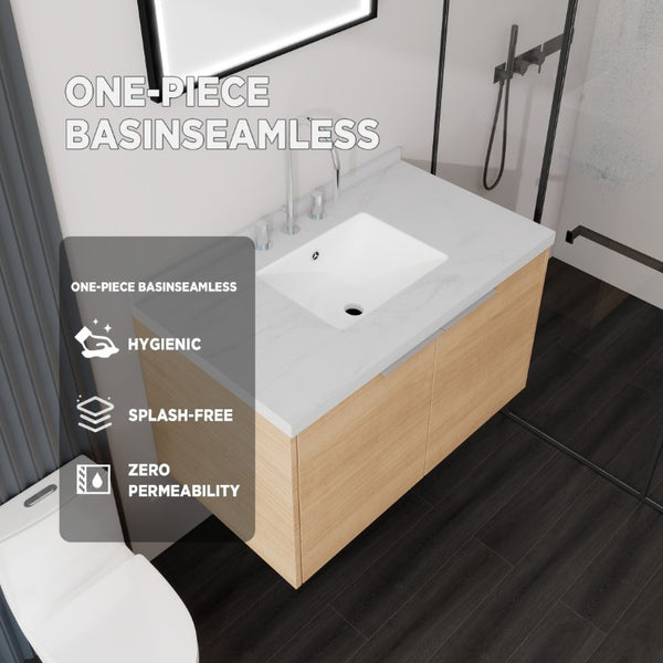 English Elm 36 Inch Wall Mounted Bathroom Vanity with Integrated Sink and Marble Cultured Countertop Oak Carrara White B2775S00147