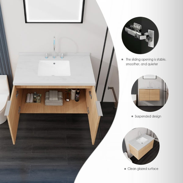 English Elm 36 Inch Wall Mounted Bathroom Vanity with Integrated Sink and Marble Cultured Countertop Oak Carrara White B2775S00147