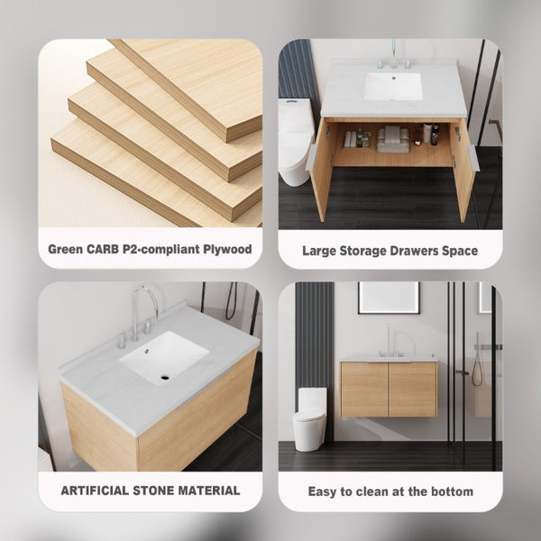English Elm 36 Inch Wall Mounted Bathroom Vanity with Integrated Sink and Marble Cultured Countertop Oak Carrara White B2775S00147