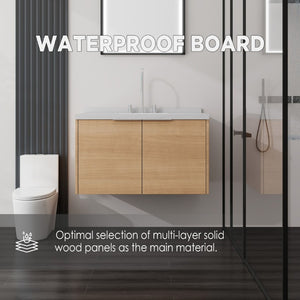 English Elm 36 Inch Wall Mounted Bathroom Vanity with Integrated Sink and Marble Cultured Countertop Oak Carrara White B2775S00147