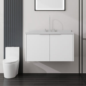 English Elm 36 Inch Wall Mounted Bathroom Vanity with Integrated Sink and Marble Cultured Countertop White Carrara White B2775S00148