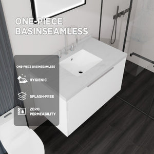 English Elm 36 Inch Wall Mounted Bathroom Vanity with Integrated Sink and Marble Cultured Countertop White Carrara White B2775S00148