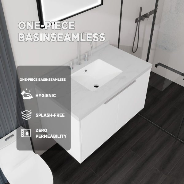 English Elm 36 Inch Wall Mounted Bathroom Vanity with Integrated Sink and Marble Cultured Countertop White Carrara White B2775S00148