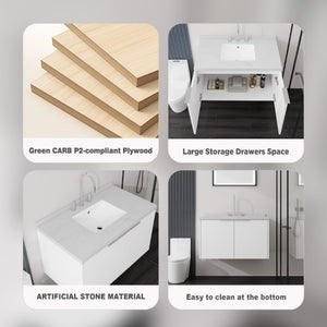 English Elm 36 Inch Wall Mounted Bathroom Vanity with Integrated Sink and Marble Cultured Countertop White Carrara White B2775S00148