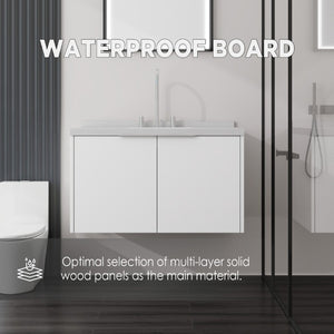 English Elm 36 Inch Wall Mounted Bathroom Vanity with Integrated Sink and Marble Cultured Countertop White Carrara White B2775S00148