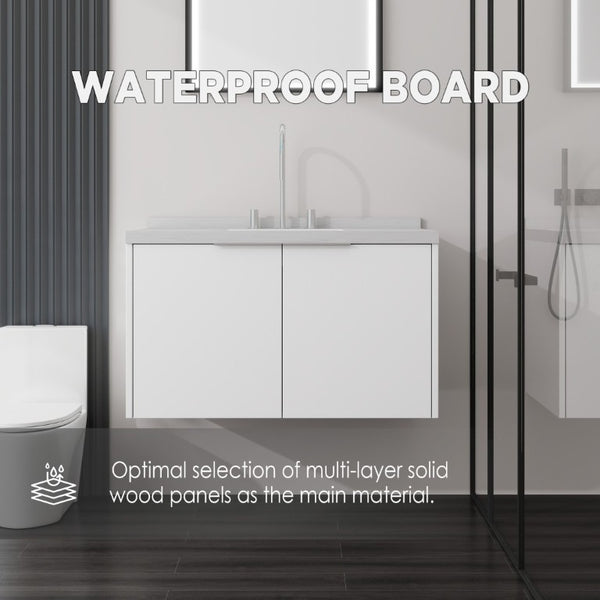 English Elm 36 Inch Wall Mounted Bathroom Vanity with Integrated Sink and Marble Cultured Countertop White Carrara White B2775S00148