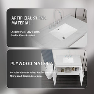 English Elm 36 Inch Wall Mounted Bathroom Vanity with Integrated Sink and Marble Cultured Countertop White Carrara White B2775S00148
