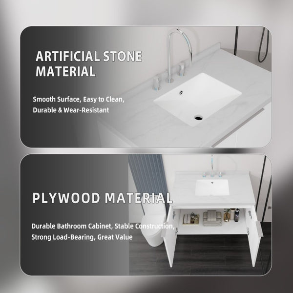 English Elm 36 Inch Wall Mounted Bathroom Vanity with Integrated Sink and Marble Cultured Countertop White Carrara White B2775S00148