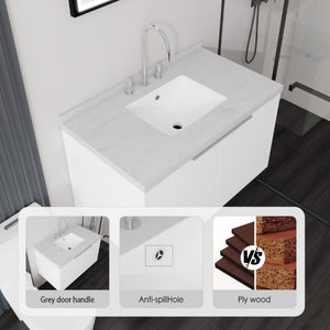 English Elm 36 Inch Wall Mounted Bathroom Vanity with Integrated Sink and Marble Cultured Countertop White Carrara White B2775S00148
