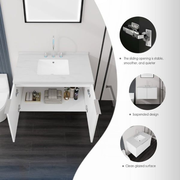 English Elm 36 Inch Wall Mounted Bathroom Vanity with Integrated Sink and Marble Cultured Countertop White Carrara White B2775S00148