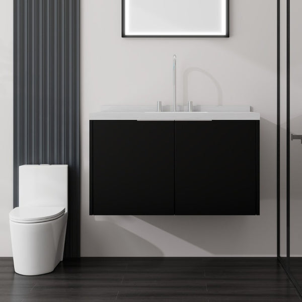 English Elm 36 Inch Wall Mounted Bathroom Vanity with Integrated Sink and Marble Cultured Countertop Black Carrara White B2775S00149