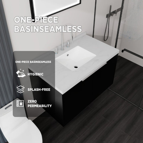 English Elm 36 Inch Wall Mounted Bathroom Vanity with Integrated Sink and Marble Cultured Countertop Black Carrara White B2775S00149