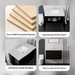 English Elm 36 Inch Wall Mounted Bathroom Vanity with Integrated Sink and Marble Cultured Countertop Black Carrara White B2775S00149