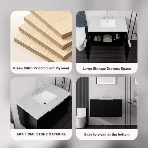 English Elm 36 Inch Wall Mounted Bathroom Vanity with Integrated Sink and Marble Cultured Countertop Black Carrara White B2775S00149