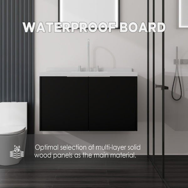 English Elm 36 Inch Wall Mounted Bathroom Vanity with Integrated Sink and Marble Cultured Countertop Black Carrara White B2775S00149