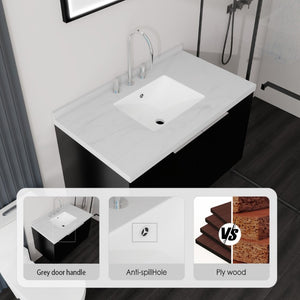 English Elm 36 Inch Wall Mounted Bathroom Vanity with Integrated Sink and Marble Cultured Countertop Black Carrara White B2775S00149