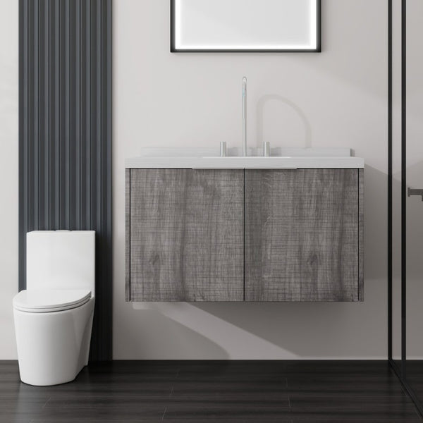 English Elm 36 Inch Wall Mounted Bathroom Vanity with Integrated Sink and Marble Cultured Countertop Grey - B Carrara White B2775S00150