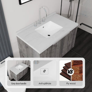English Elm 36 Inch Wall Mounted Bathroom Vanity with Integrated Sink and Marble Cultured Countertop Grey - B Carrara White B2775S00150