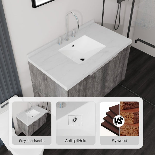 English Elm 36 Inch Wall Mounted Bathroom Vanity with Integrated Sink and Marble Cultured Countertop Grey - B Carrara White B2775S00150