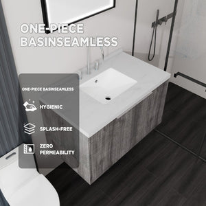 English Elm 36 Inch Wall Mounted Bathroom Vanity with Integrated Sink and Marble Cultured Countertop Grey - B Carrara White B2775S00150