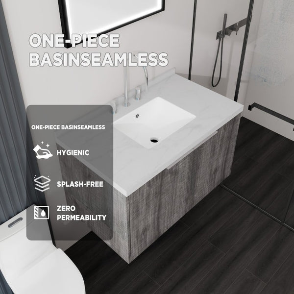 English Elm 36 Inch Wall Mounted Bathroom Vanity with Integrated Sink and Marble Cultured Countertop Grey - B Carrara White B2775S00150