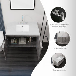 English Elm 36 Inch Wall Mounted Bathroom Vanity with Integrated Sink and Marble Cultured Countertop Grey - B Carrara White B2775S00150