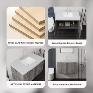 English Elm 36 Inch Wall Mounted Bathroom Vanity with Integrated Sink and Marble Cultured Countertop Grey - B Carrara White B2775S00150