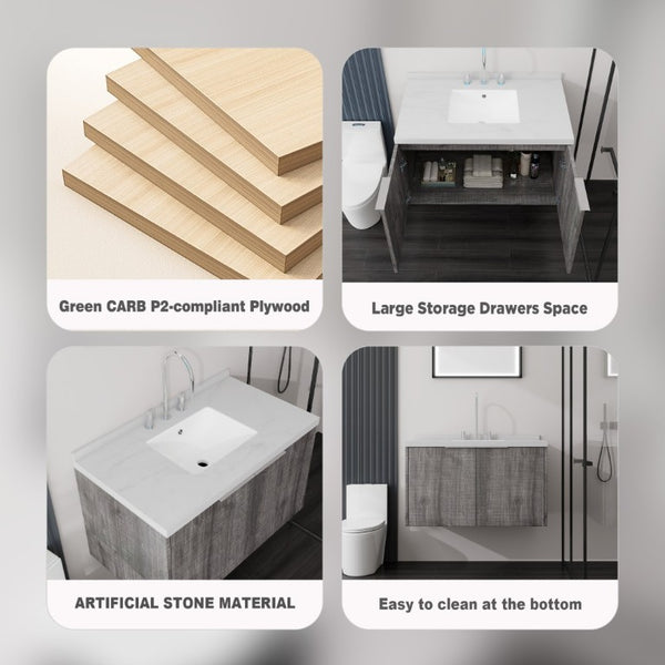 English Elm 36 Inch Wall Mounted Bathroom Vanity with Integrated Sink and Marble Cultured Countertop Grey - B Carrara White B2775S00150