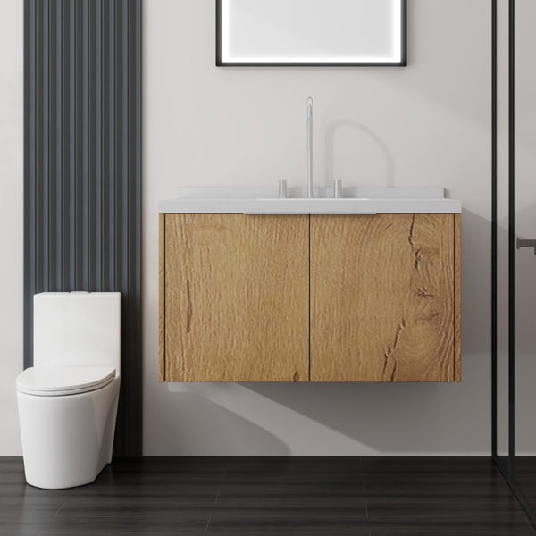 English Elm 36 Inch Wall Mounted Bathroom Vanity with Integrated Sink and Marble Cultured Countertop Oak - B Carrara White B2775S00151