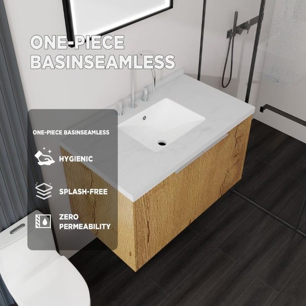 English Elm 36 Inch Wall Mounted Bathroom Vanity with Integrated Sink and Marble Cultured Countertop Oak - B Carrara White B2775S00151