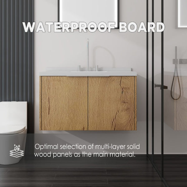 English Elm 36 Inch Wall Mounted Bathroom Vanity with Integrated Sink and Marble Cultured Countertop Oak - B Carrara White B2775S00151