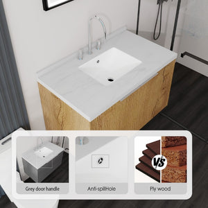 English Elm 36 Inch Wall Mounted Bathroom Vanity with Integrated Sink and Marble Cultured Countertop Oak - B Carrara White B2775S00151