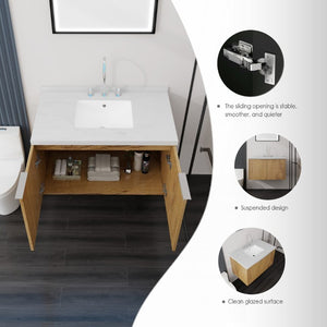 English Elm 36 Inch Wall Mounted Bathroom Vanity with Integrated Sink and Marble Cultured Countertop Oak - B Carrara White B2775S00151