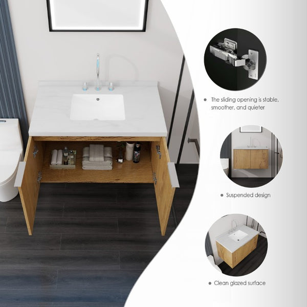 English Elm 36 Inch Wall Mounted Bathroom Vanity with Integrated Sink and Marble Cultured Countertop Oak - B Carrara White B2775S00151