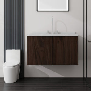 English Elm 36 Inch Wall Mounted Bathroom Vanity with Integrated Sink and Marble Cultured Countertop Brown Carrara White B2775S00152